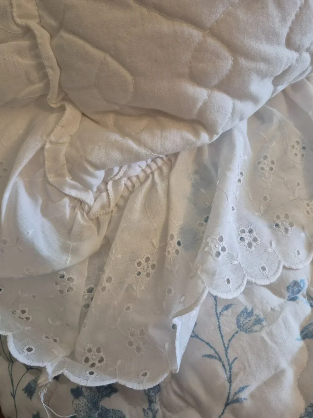 Pair White Cotton Eyelet Quilted Ruffled Pillow Shams Vintage Queen Cottagecore
